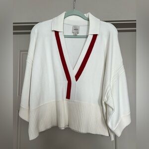 Maeve White Sweater with Red V-Neck